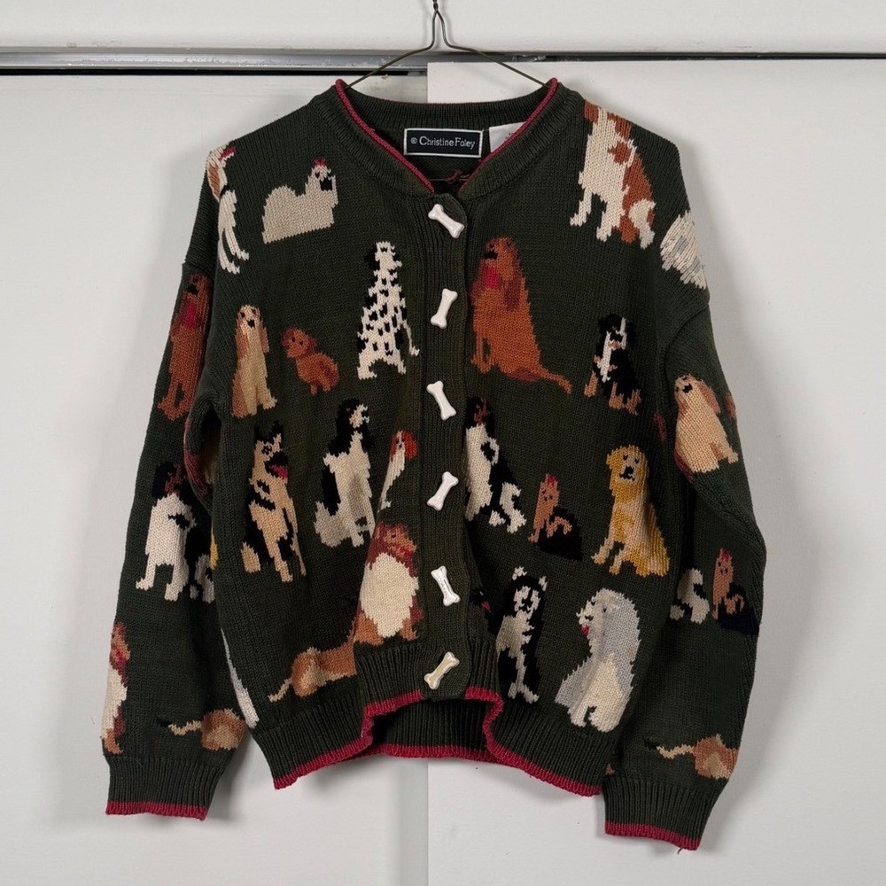 Vintage‎ Christine Foley Cotton Dog Cardigan Green Bone Buttons Sz 1 (XS-S)
